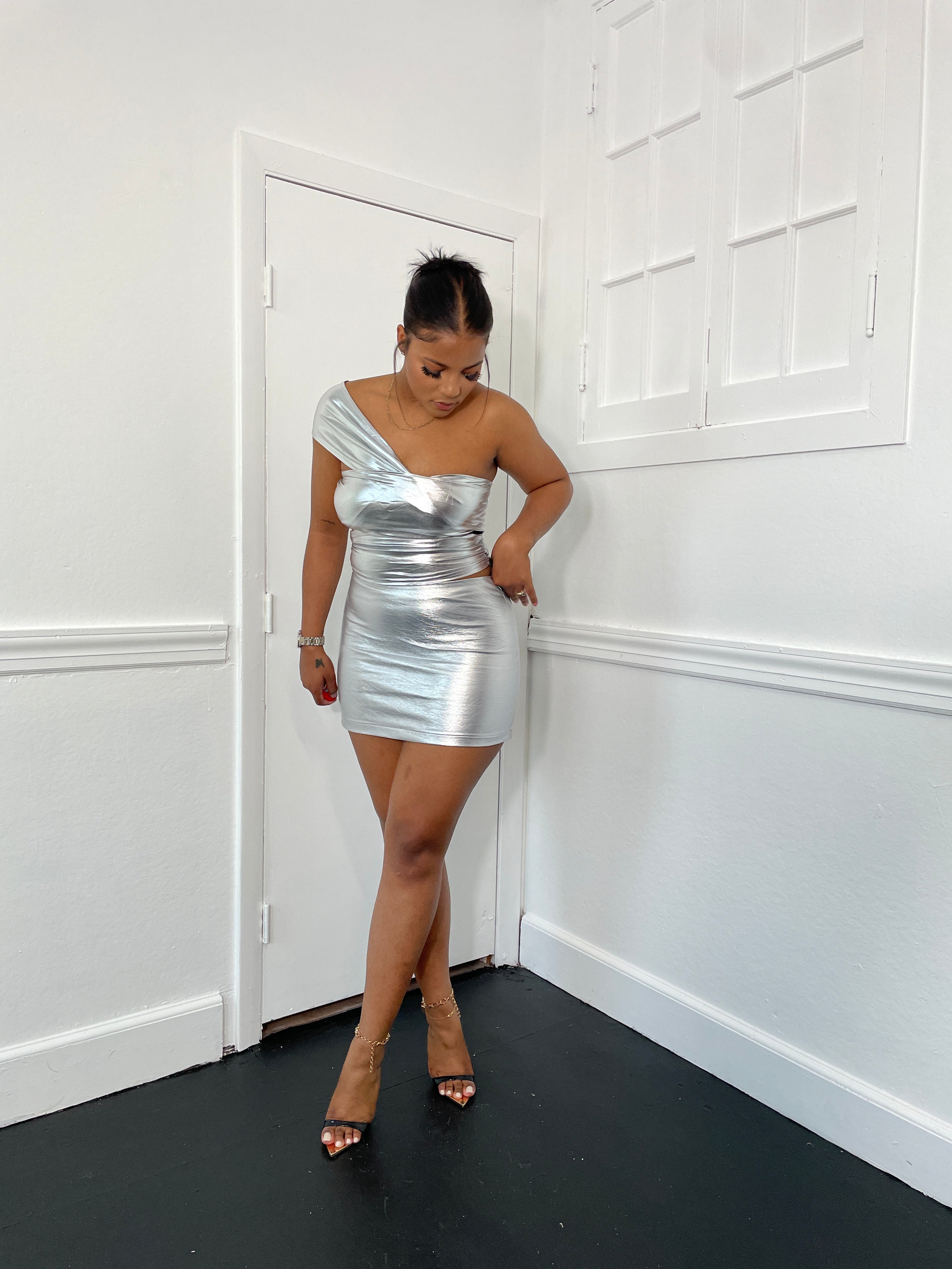 Lights Out Metallic Mini Skirt - Silver