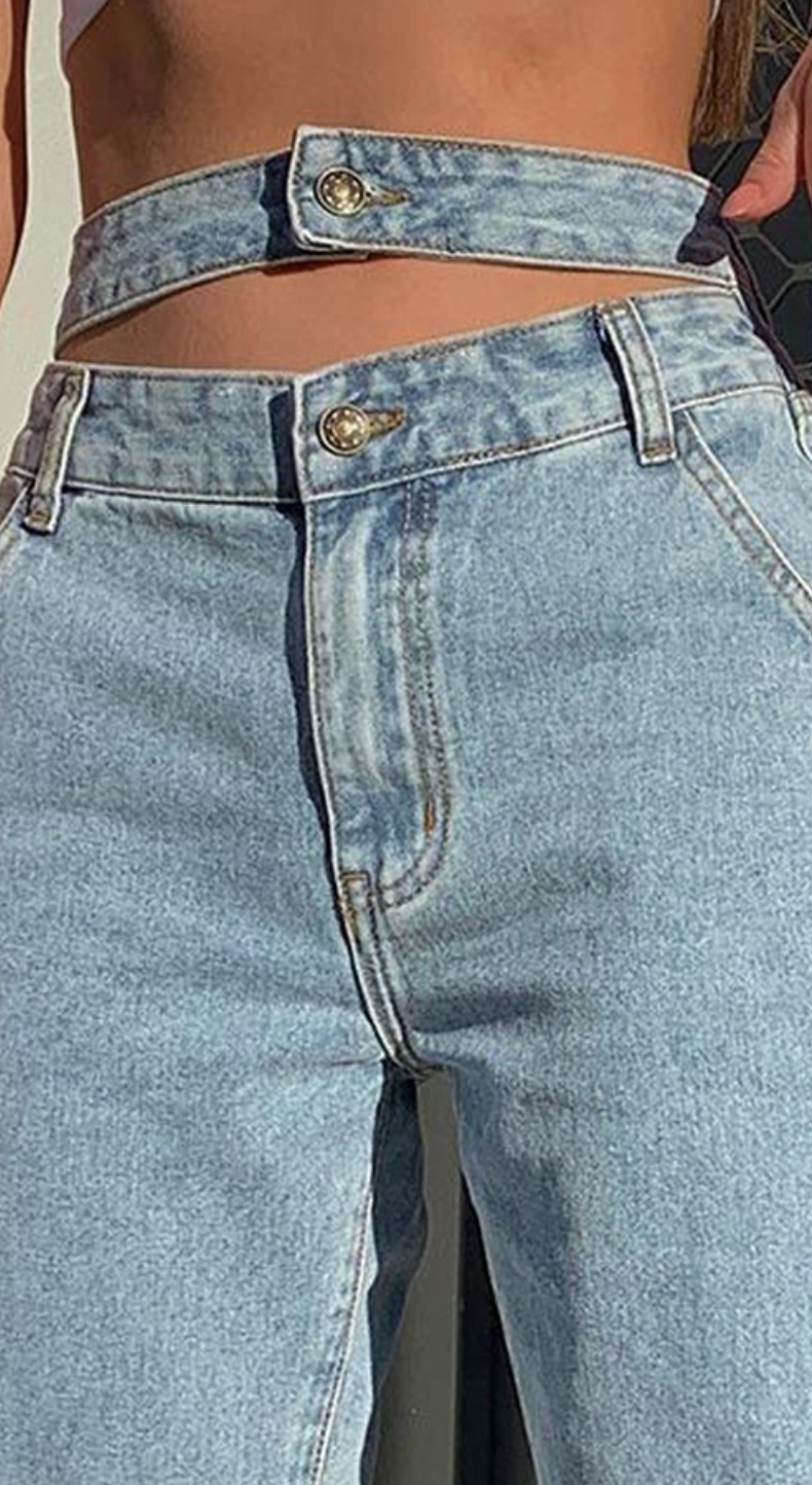 So Wavy Double Waist Straight Jeans - Medium Wash
