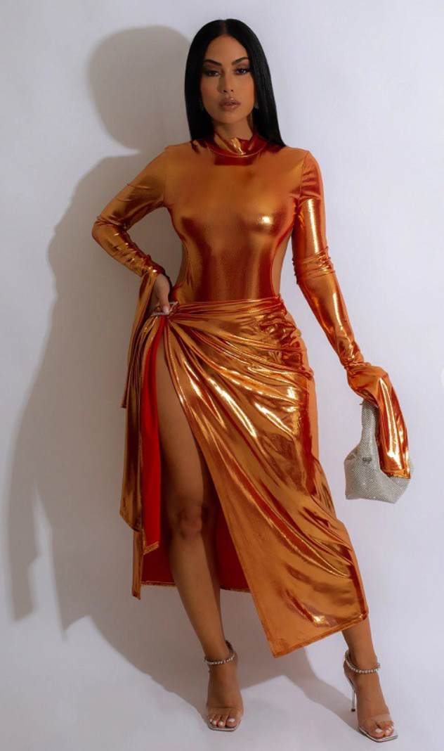 Gabrielle Bodysuit & Skirt Set - Metallic Orange